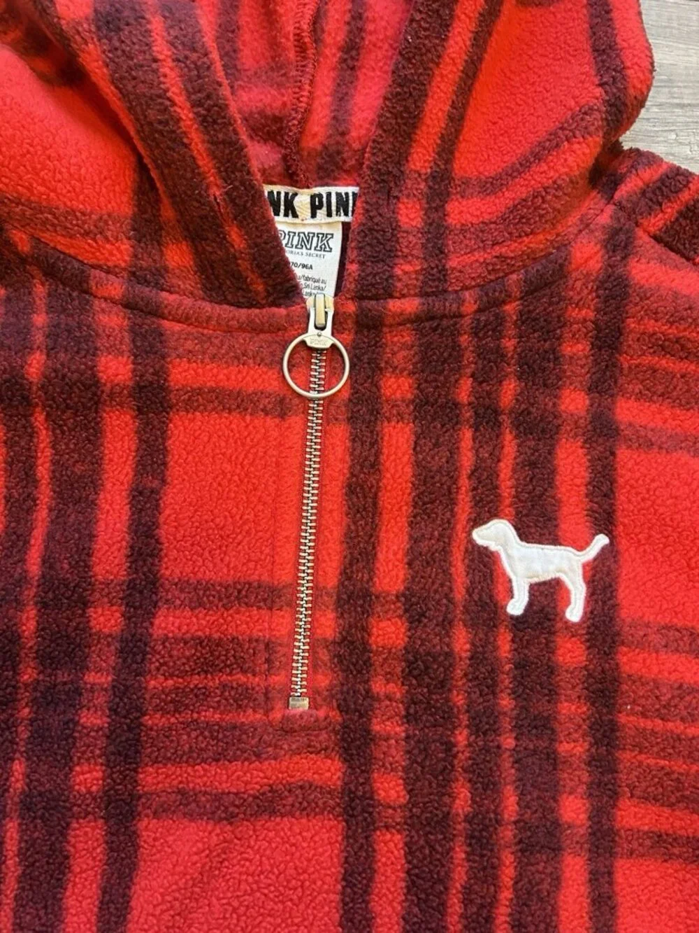 PINK Victoria's Secret Medium Polar Fleece Red Black Plaid Half-Zip Hoodie Gift - Picture 5 of 11